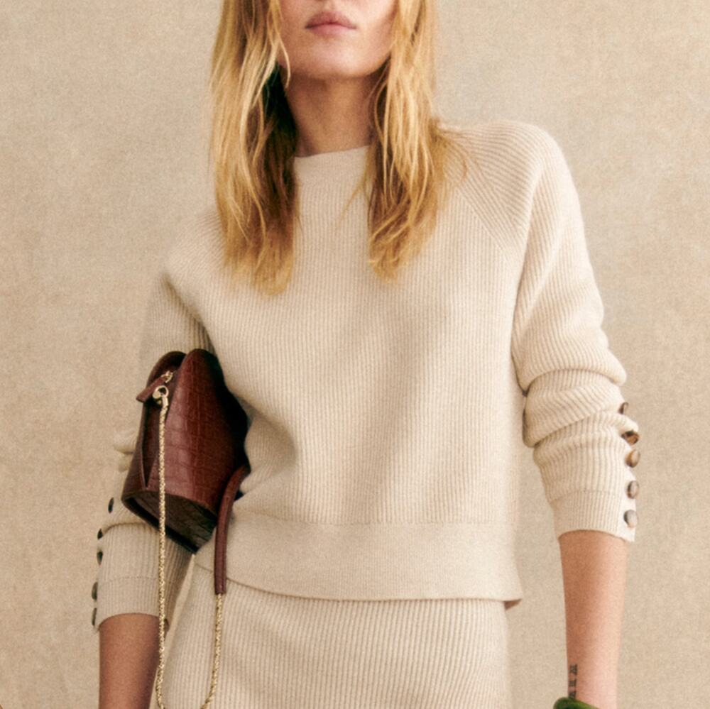 Sezane Sami Ribbed Beige Cream Crop Pullover Sweater Size XS